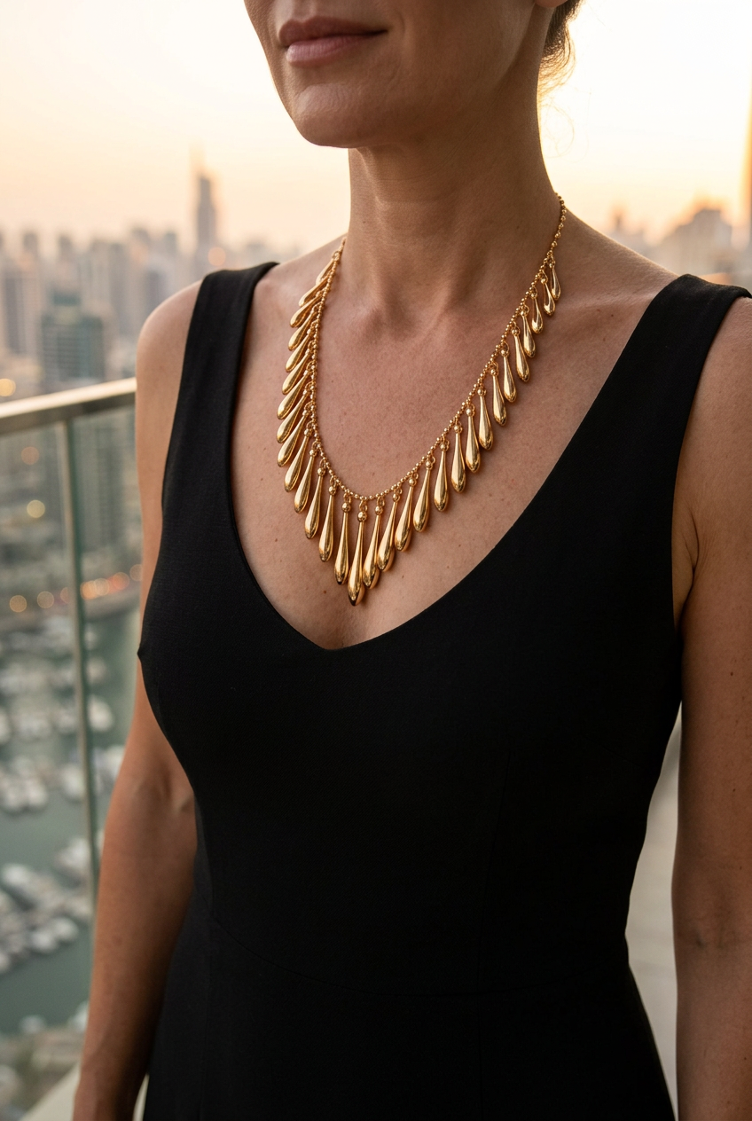 Gold teardrop fringe necklace worn with a black dress on an evening terrace