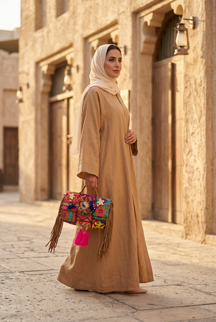 Multicolour patchwork mirror and fringe boho bag held by its top handle with a camel abaya and cream shayla in Al Seef