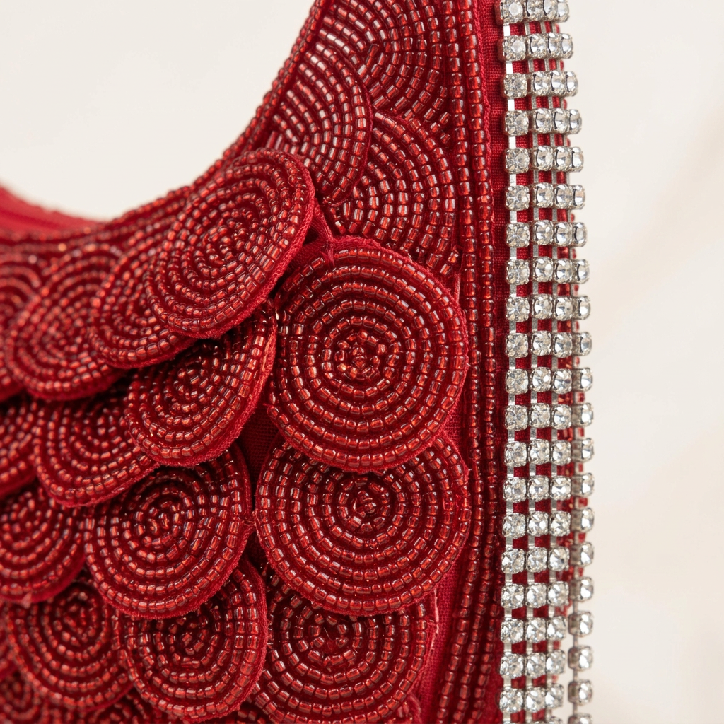 Close-up of red circular beadwork and silver-tone side tassel
