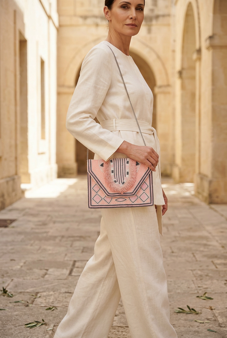 Sunset Beat blush pink bag, linen lifestyle