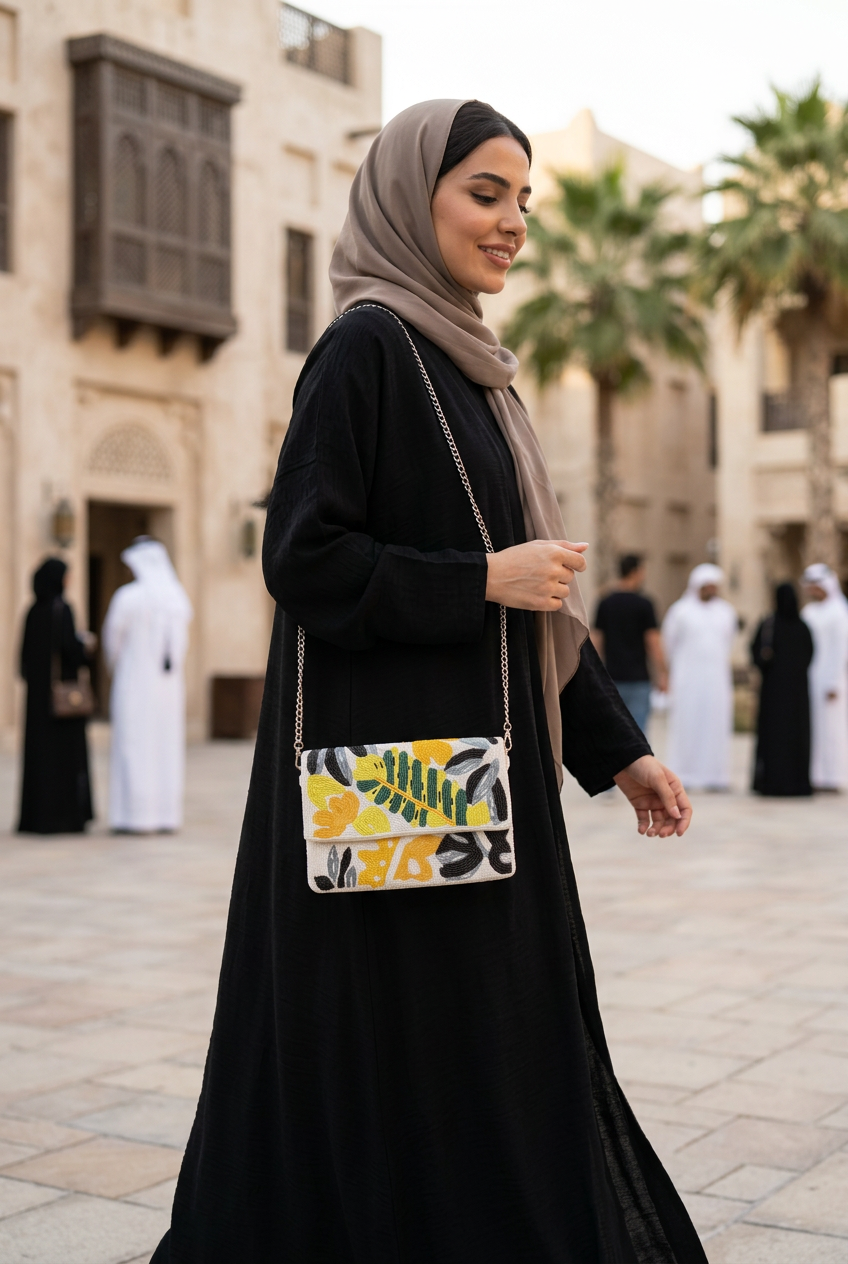 Paloma botanical bag styled with black abaya