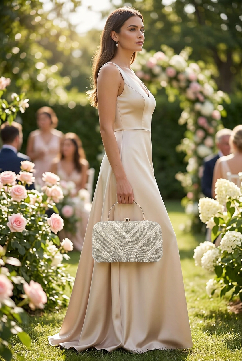 Pearl Contour Silver clutch at a garden wedding