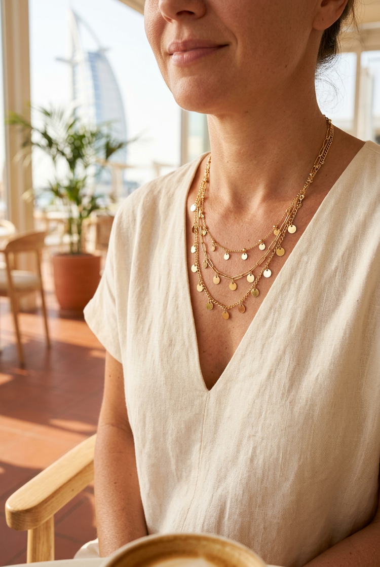 Layered gold coin necklace worn with cream linen at a café