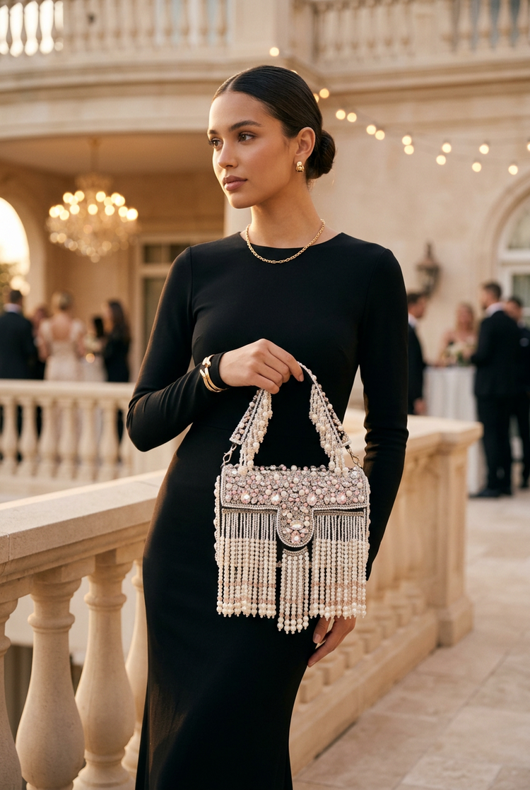 Woman in a black evening gown holding the pearl and crystal fringe box bag