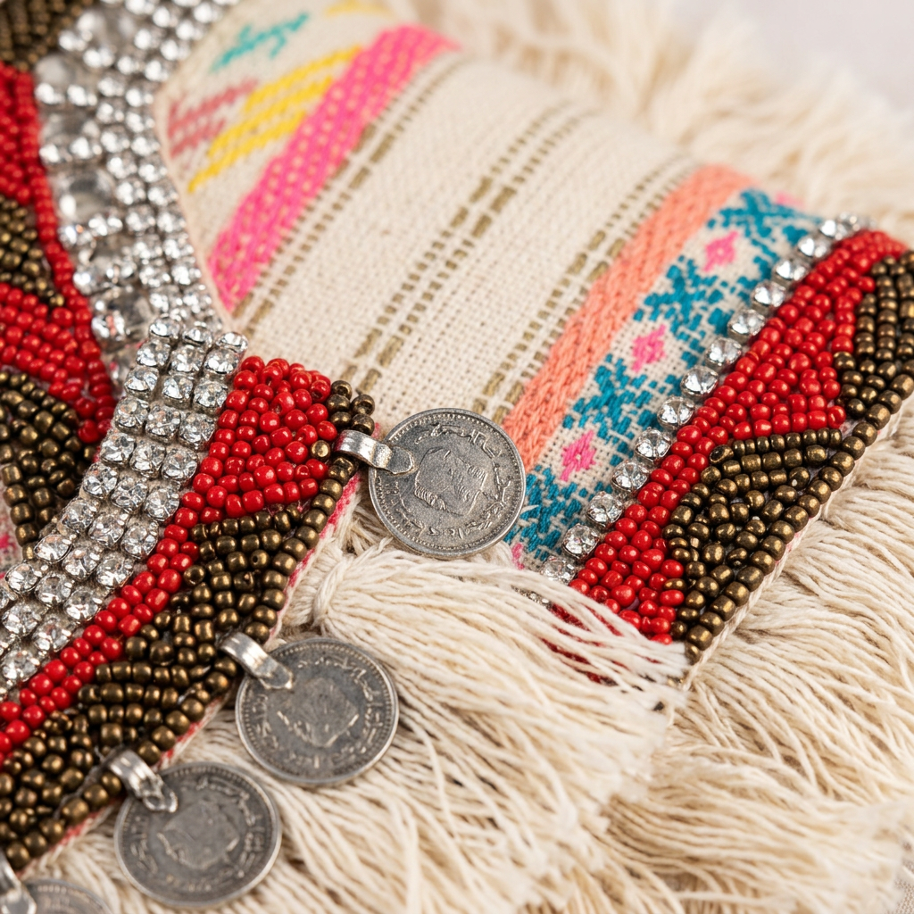 Multicolour weave rhinestones coins and ivory fringe, AI-generated detail image