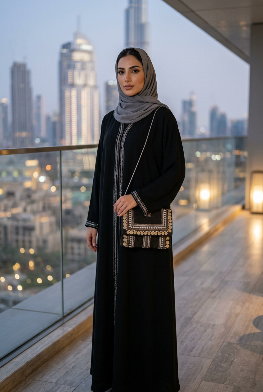 Black stud and coin trim boho clutch on a silver chain with a silver-trimmed black abaya and grey shayla on a Downtown Dubai terrace
