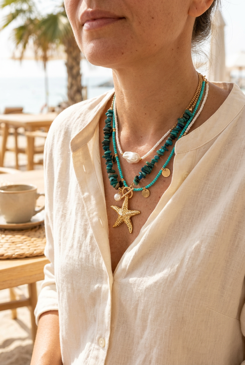 Turquoise beaded starfish necklace worn with cream linen at a café