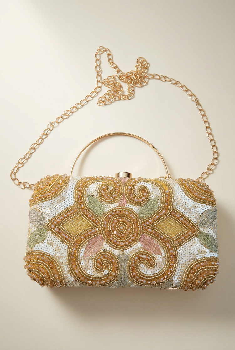 Golden Scroll pastel sequin beaded sling bag, front studio view