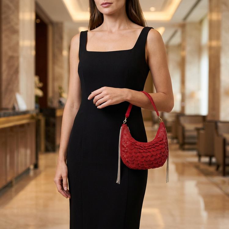 Small red beaded crescent bag styled with a black dress, AI-generated lifestyle image