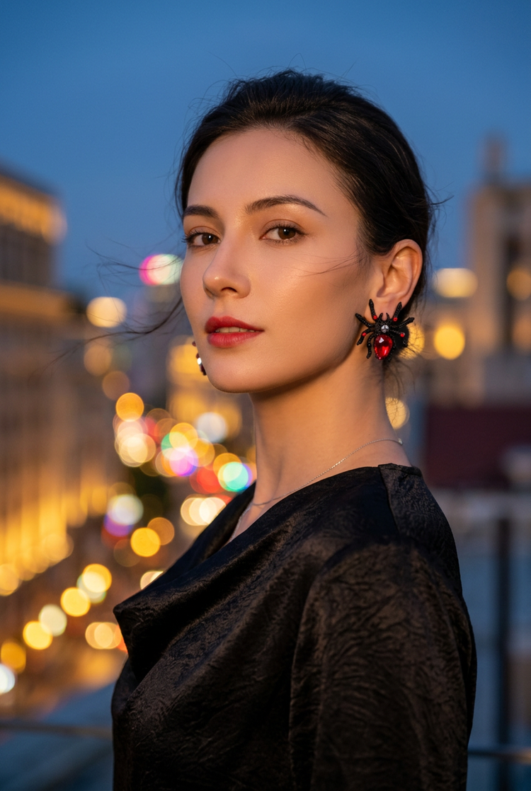 Black and red spider studs worn on an evening rooftop