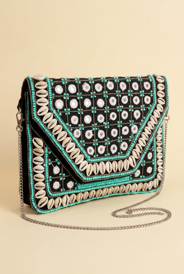 Black & Turquoise shell and mirror beaded clutch, studio
