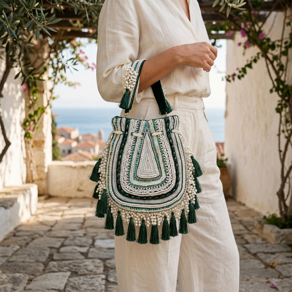 Forest green embellished boho bag, AI-generated lifestyle image