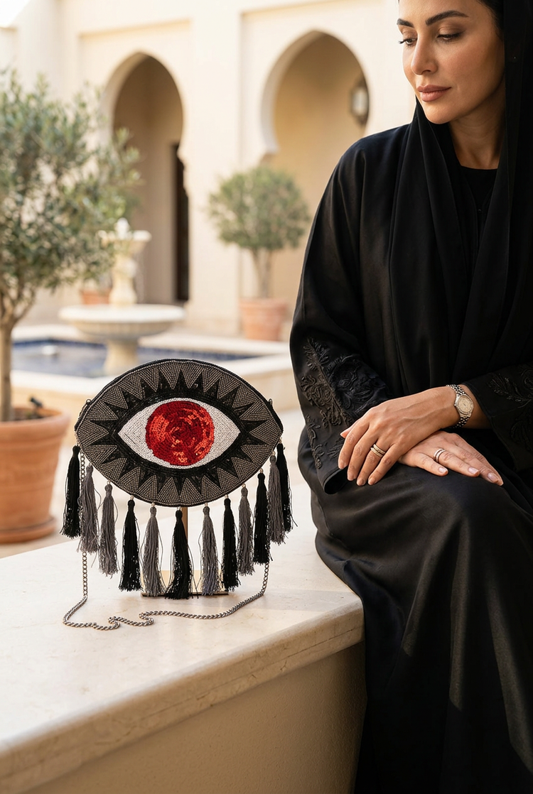 Scarlet Gaze bag styled with black abaya