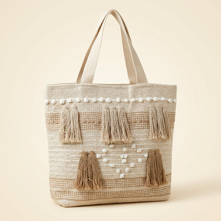 Cream and beige shell tassel woven tote, AI-generated studio image