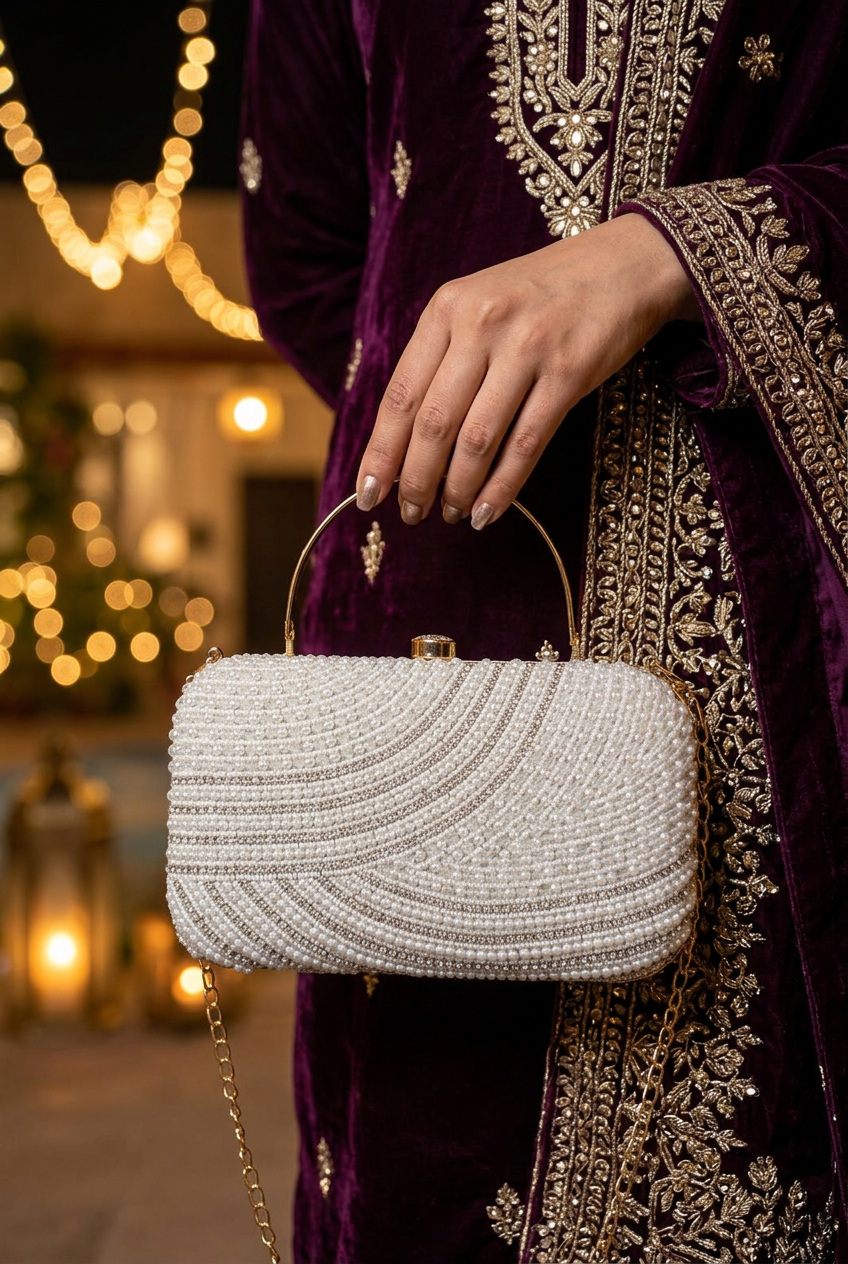 Satin Current Silver wave beaded clutch at a festive celebration