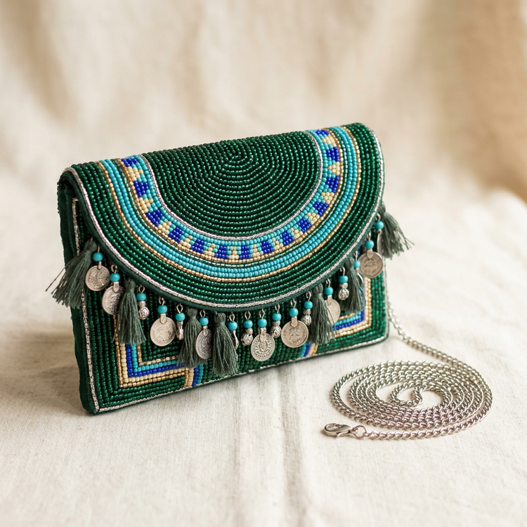 Digitally generated emerald turquoise clutch illustration