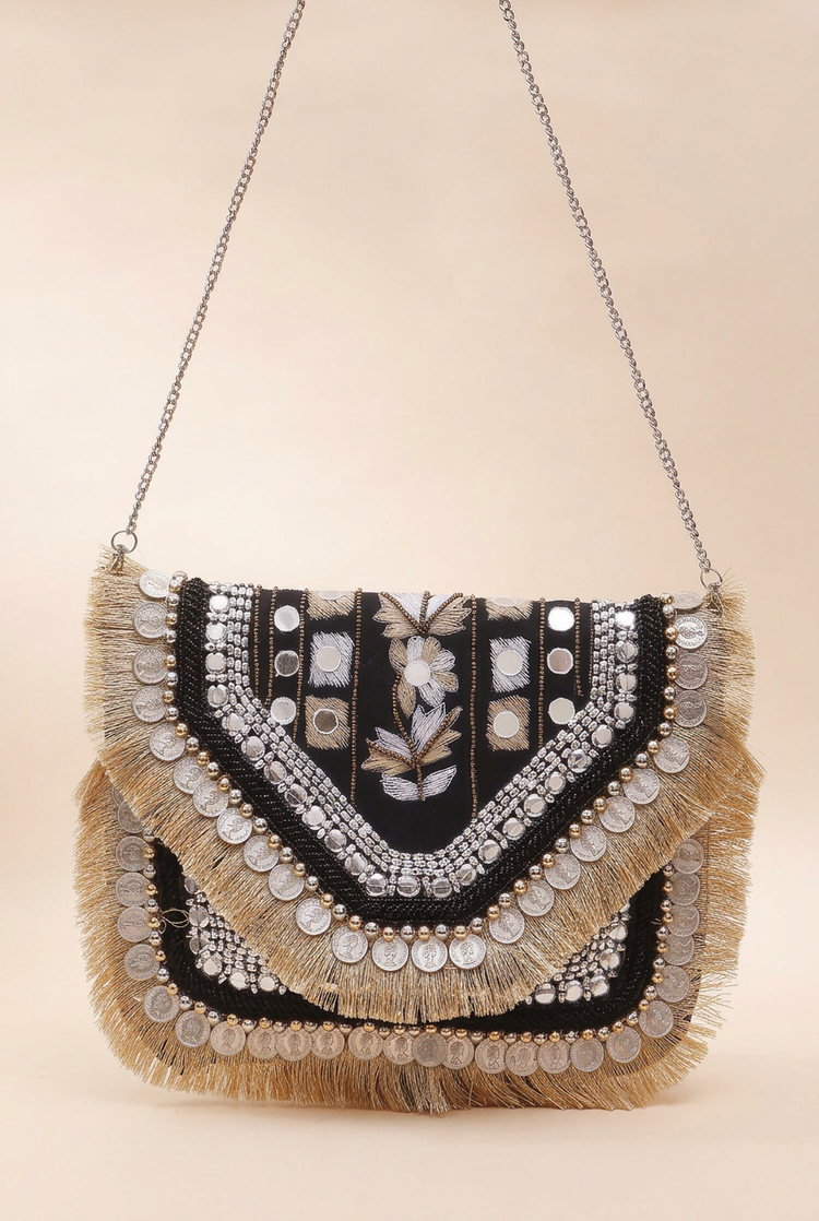 Moonlit Petal black floral coin and fringe bag, studio