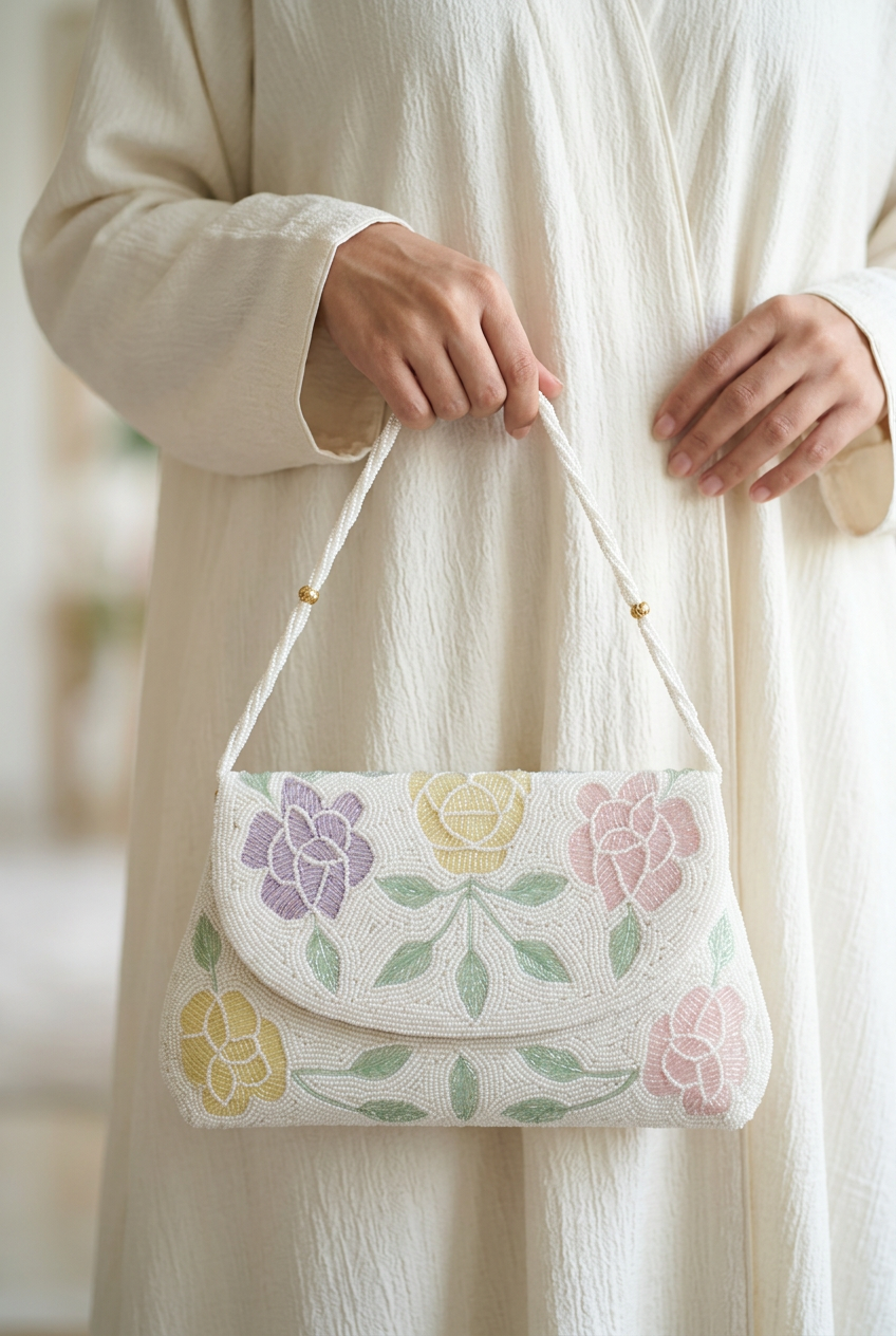 Petal Confetti ivory pastel rose bag styled with ivory abaya