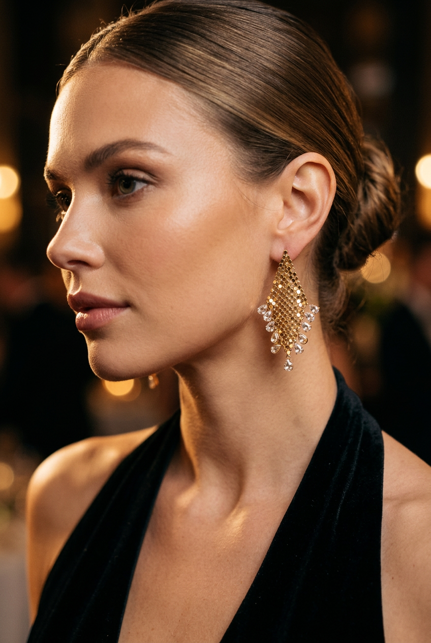 Gold mesh crystal fringe earrings worn at an evening event