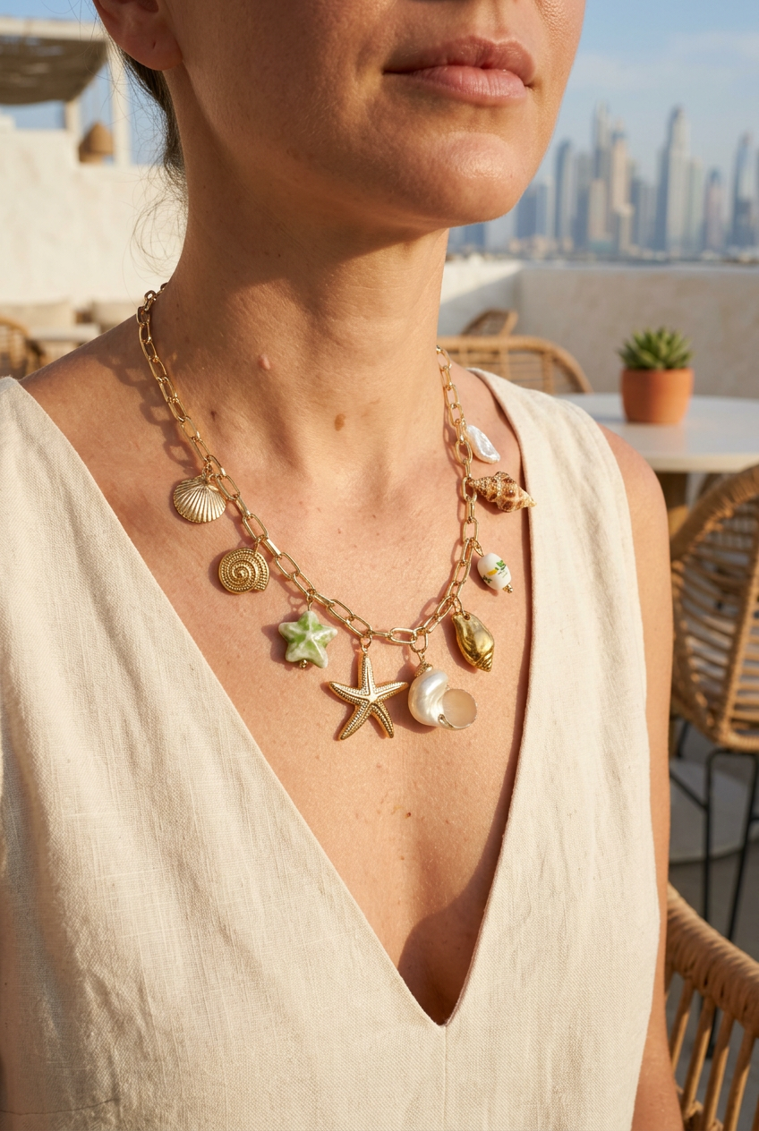 Sea charm necklace worn with cream linen at a coastal café