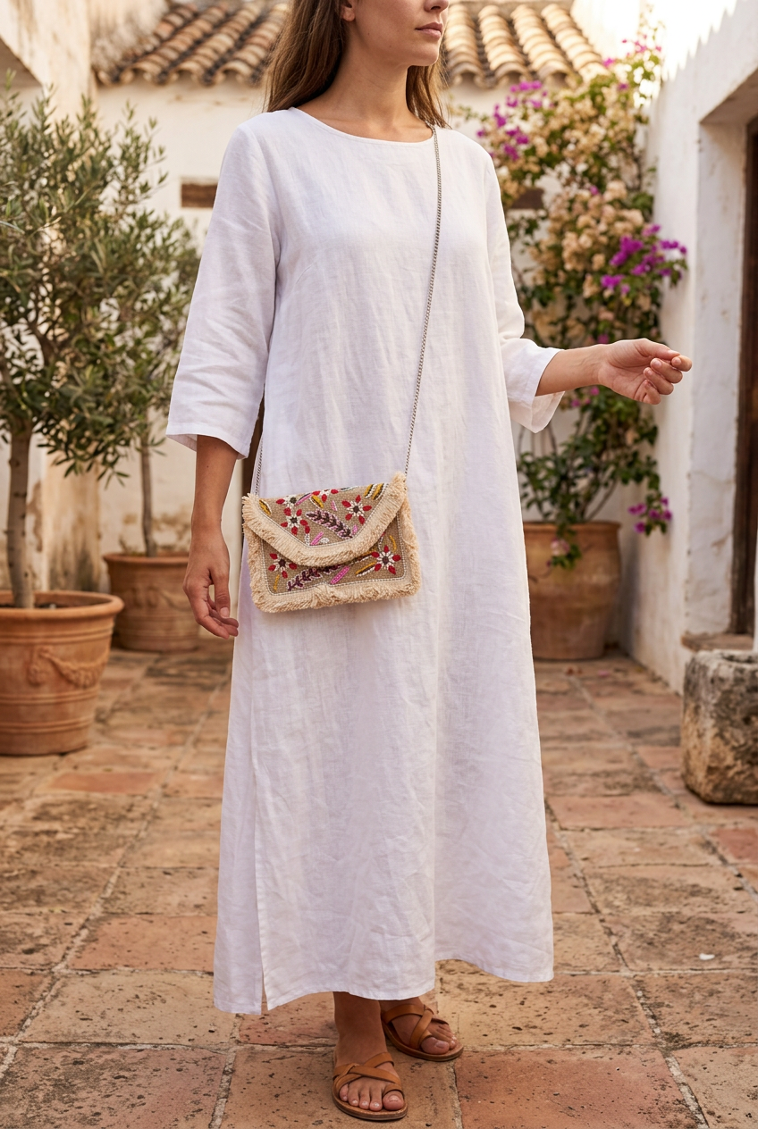 Small ivory floral clutch with long silver chain and white linen, AI-generated lifestyle image