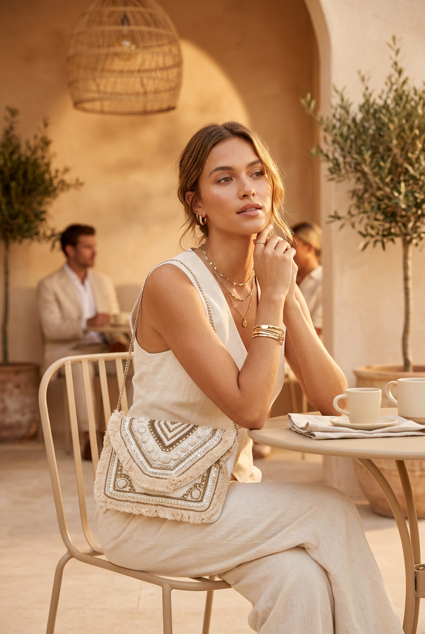 Woman in a cream co-ord wearing the ivory fringe envelope crossbody at a cafe