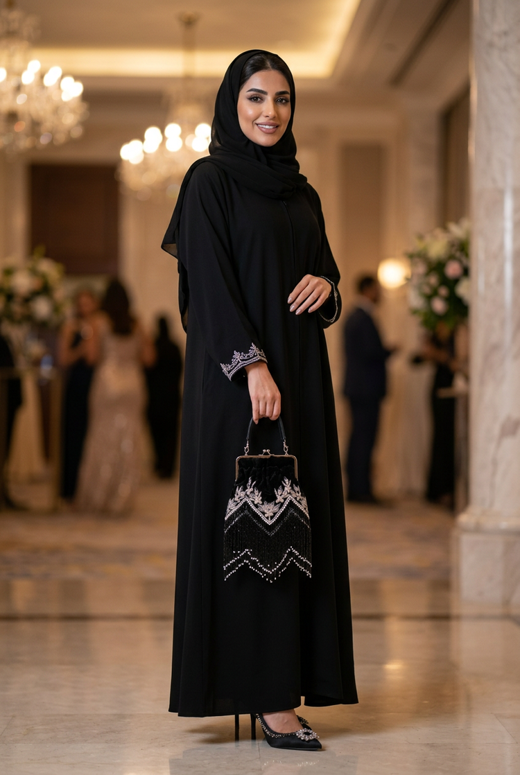 Small black velvet embroidered potli carried with a black silver-embroidered abaya at an evening gala