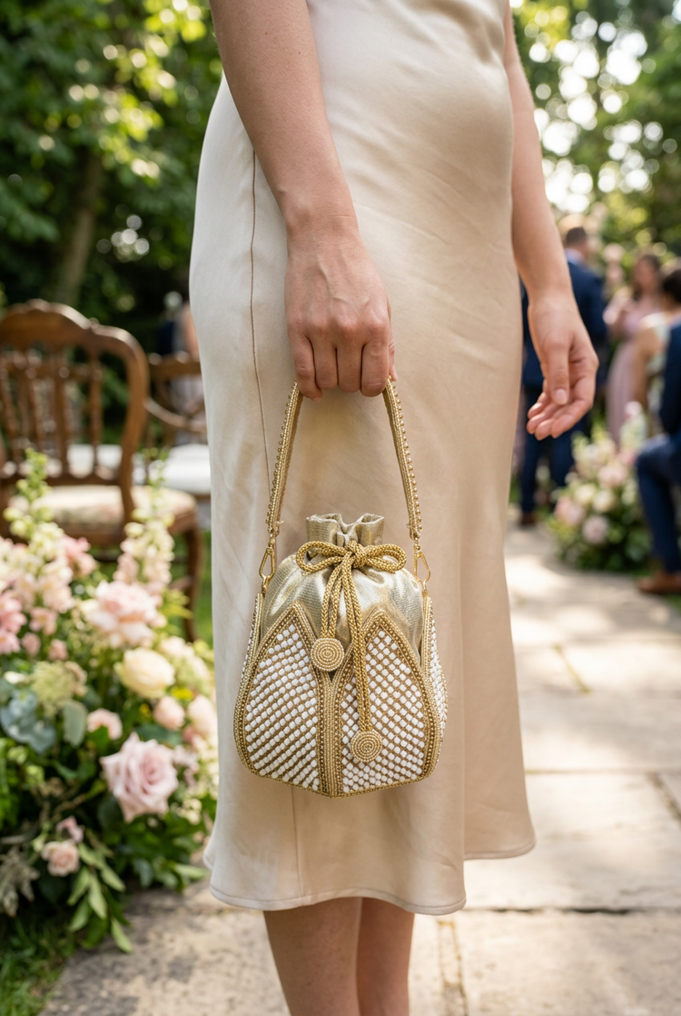Gilded Petal potli with champagne garden wedding dress