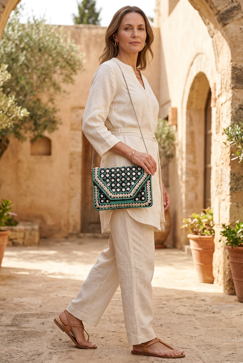 Black & Turquoise shell clutch styled with ivory linen