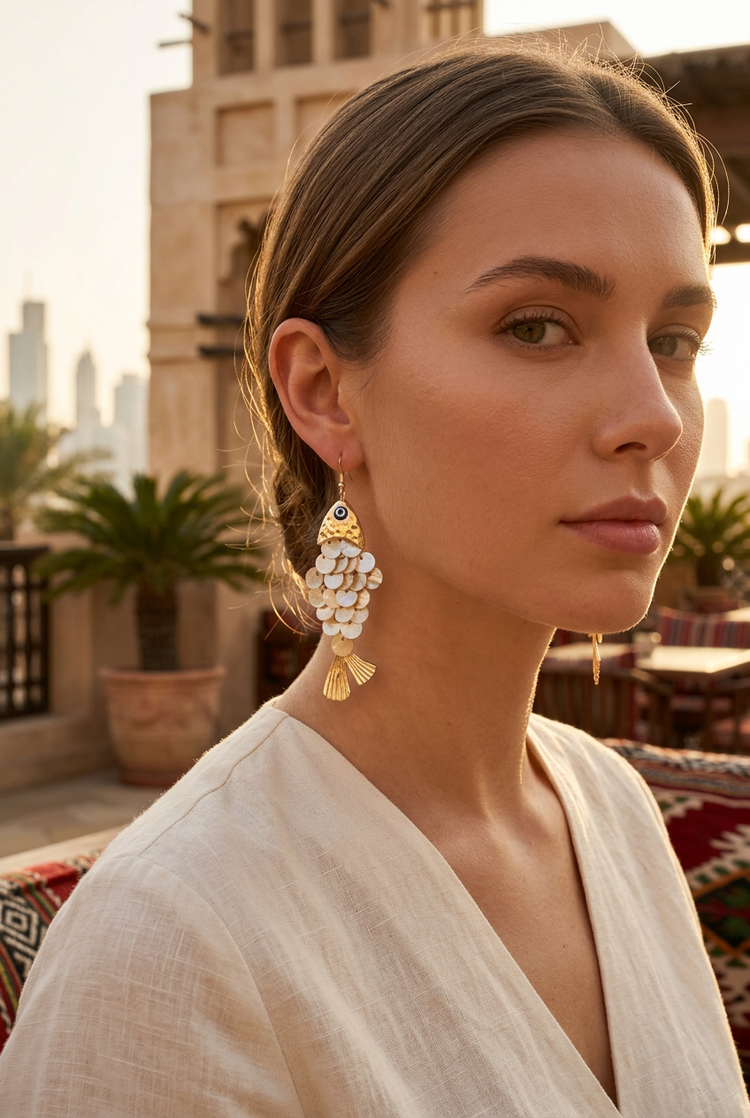 Pearly fish drop earrings worn with a cream blouse at a cafe
