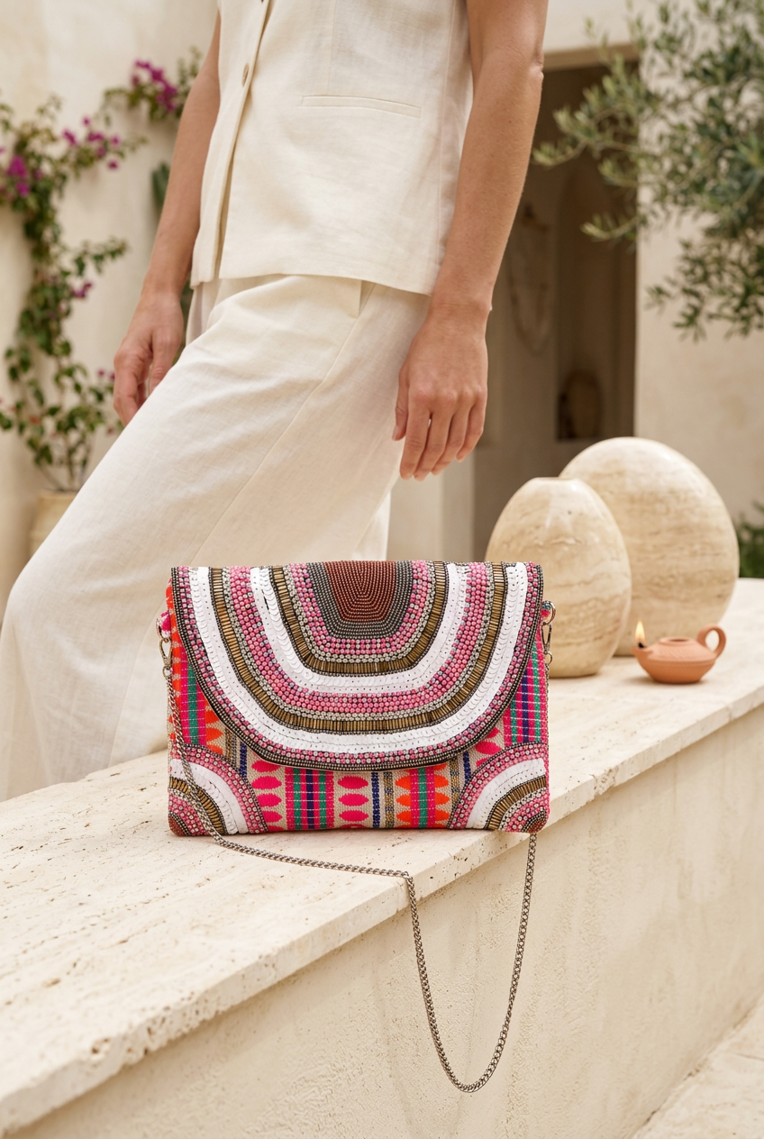 Pink Reverie bag styled with ivory linen