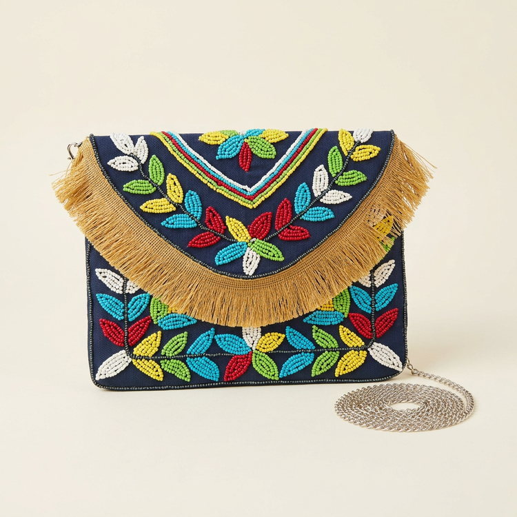Navy multicolour leaf beaded fringe clutch, AI-generated studio image