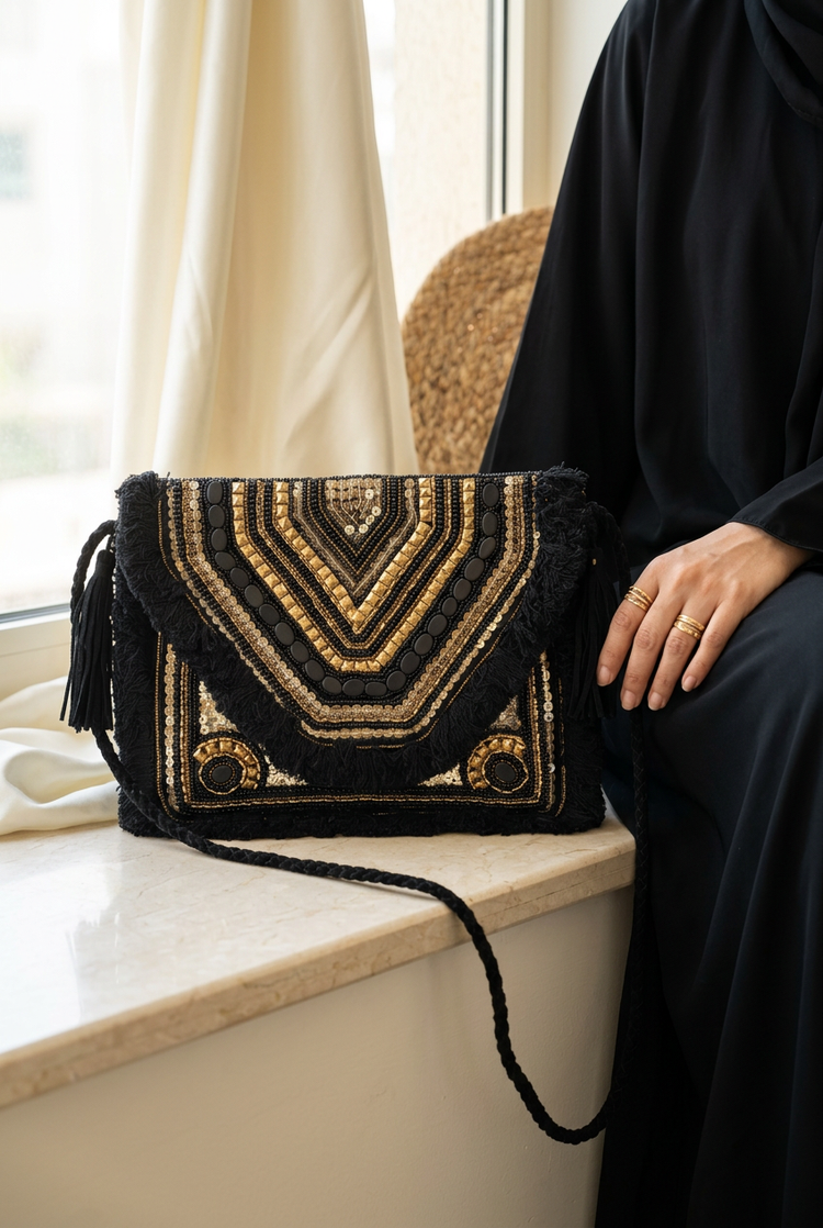 Black Chevron clutch with black fabric strap styled with black abaya