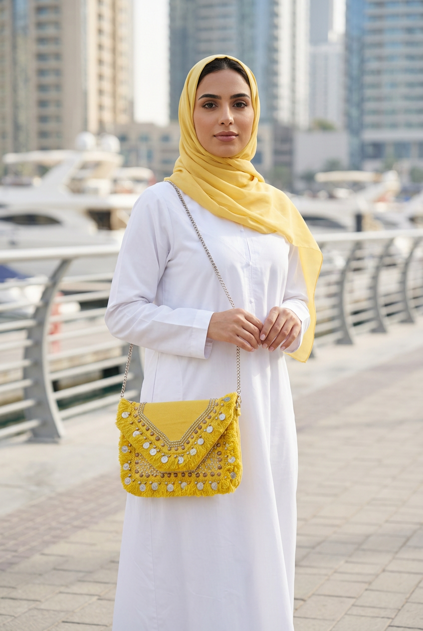 Yellow coin and fringe boho clutch on a silver chain with a white abaya and yellow shayla at Dubai Marina