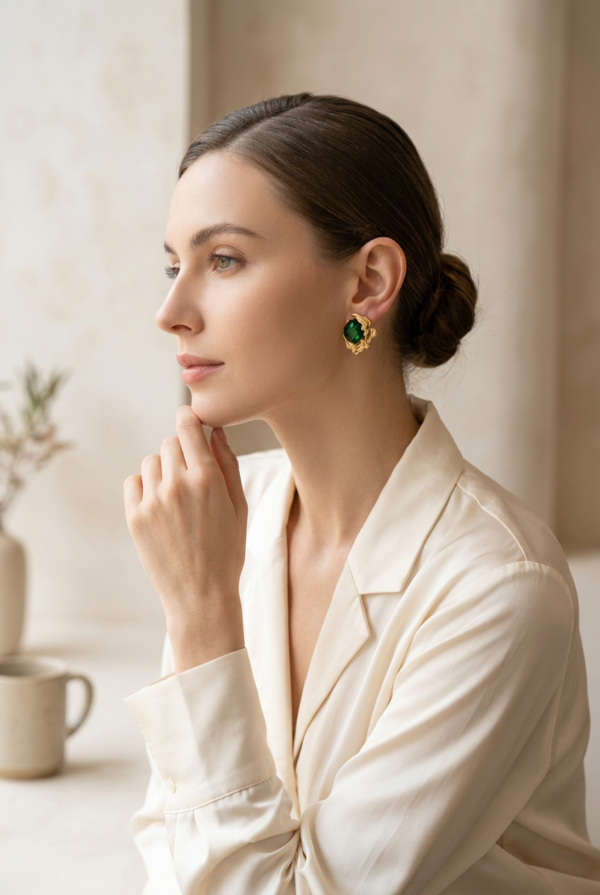 Woman in a cream blouse wearing small emerald and gold sculpted stud earrings
