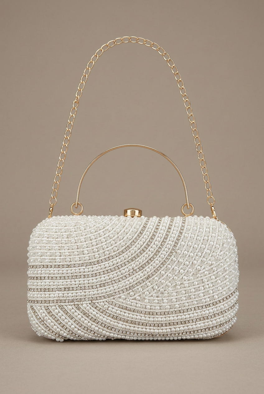 Satin Current Silver wave beaded clutch, studio