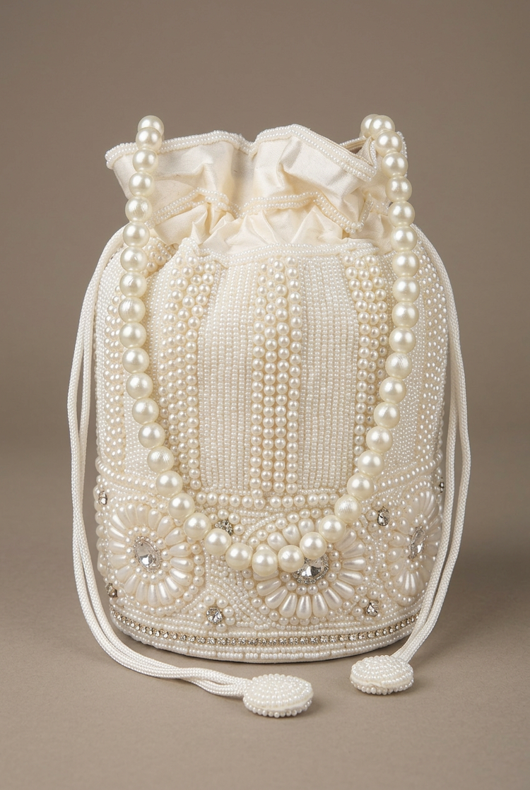 Pearl Cascade ivory beaded potli, front studio view