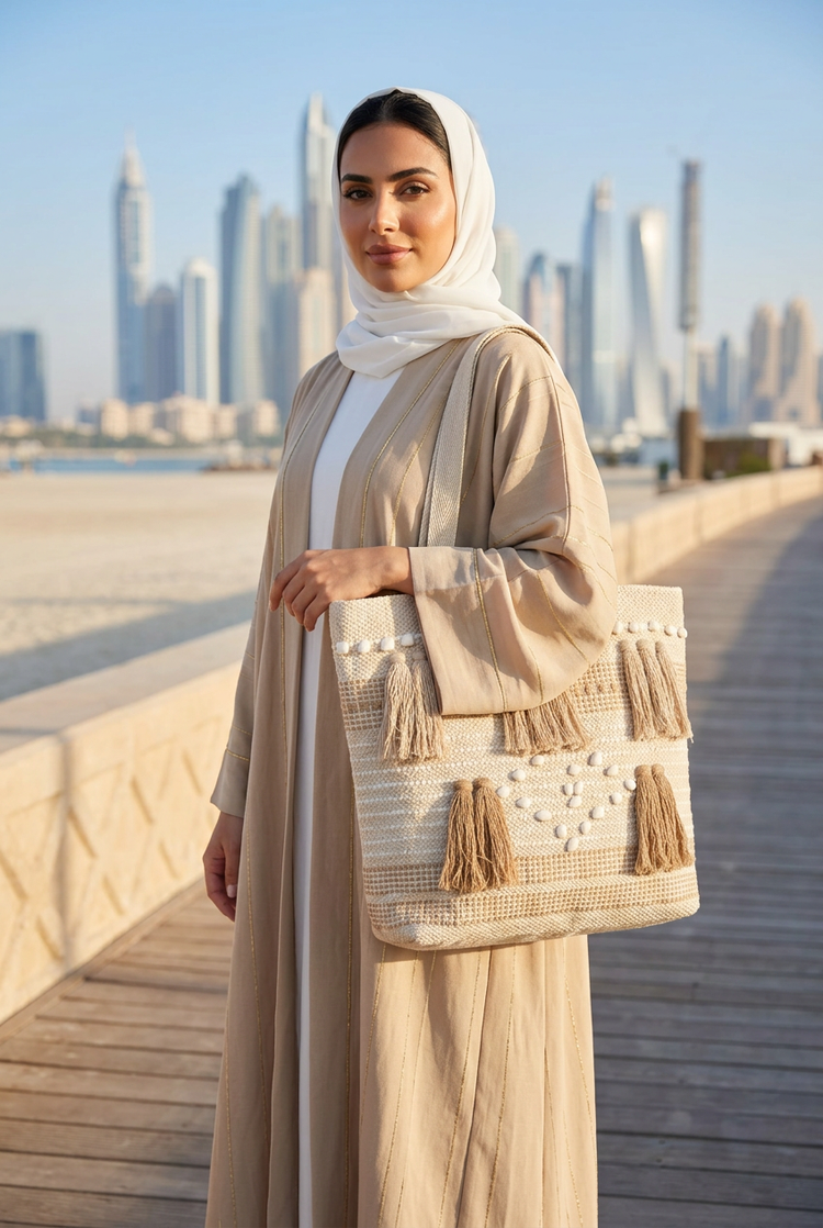 Cream and beige shell tassel woven tote on the shoulder with a sand-beige abaya and white shayla on a Dubai boardwalk