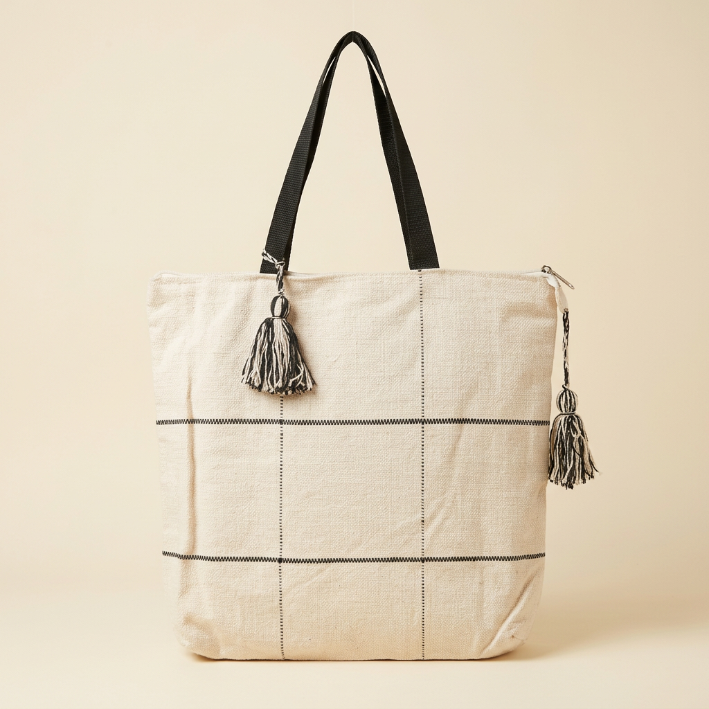 Cream woven tote with black grid stitching, black handles and tassels, studio view