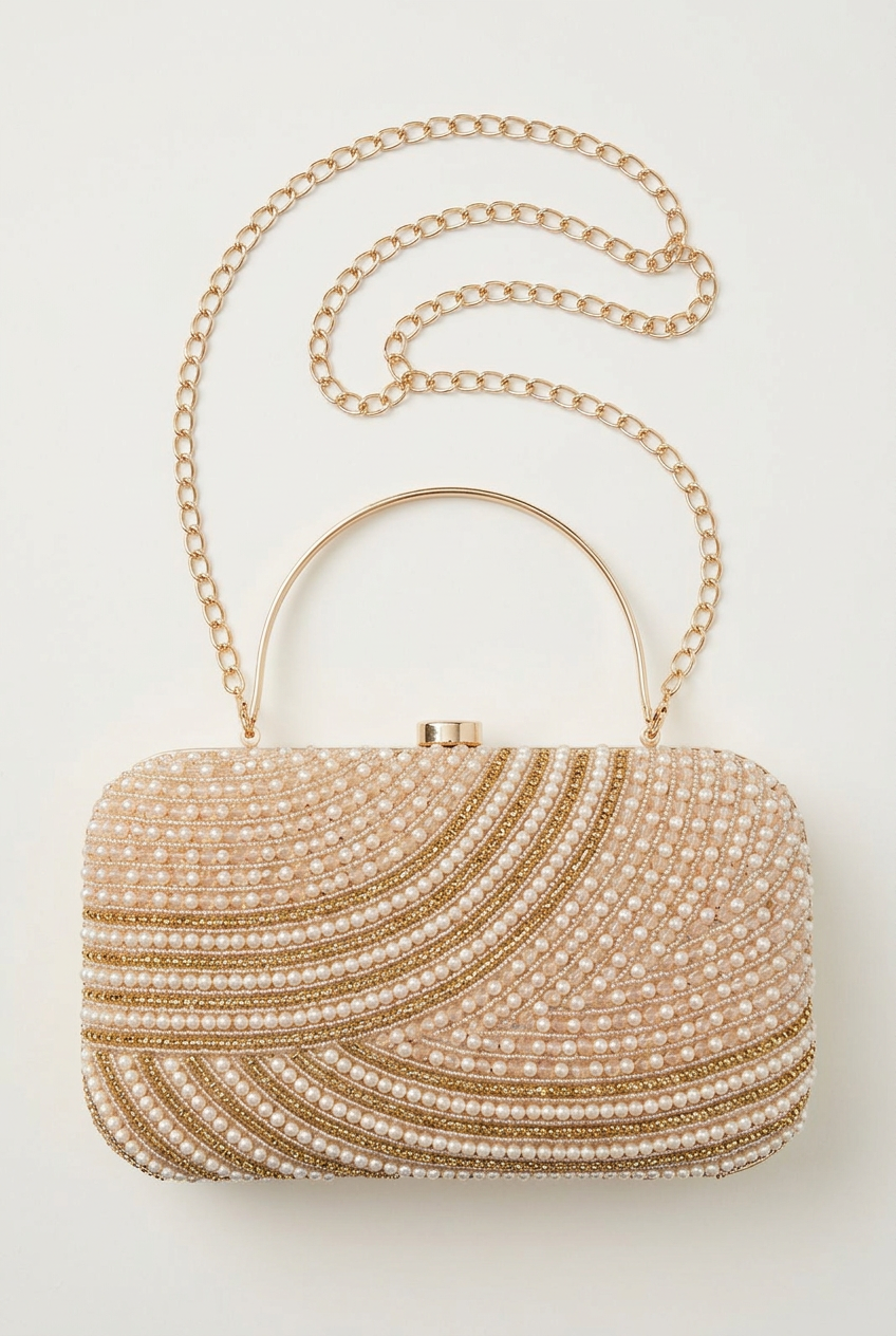 Satin Current Beige wave beaded clutch, studio