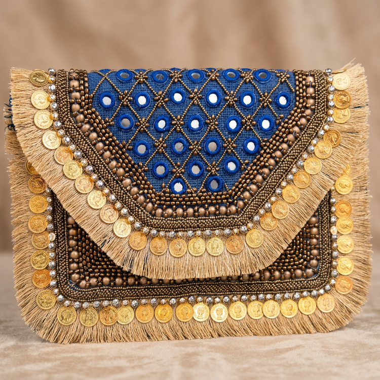 Royal blue mirror lattice coin charms and fringe, AI-generated detail image