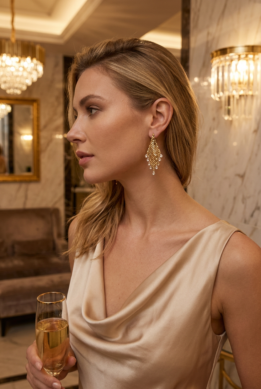 Gold mesh crystal fringe earrings worn in a marble hotel lobby