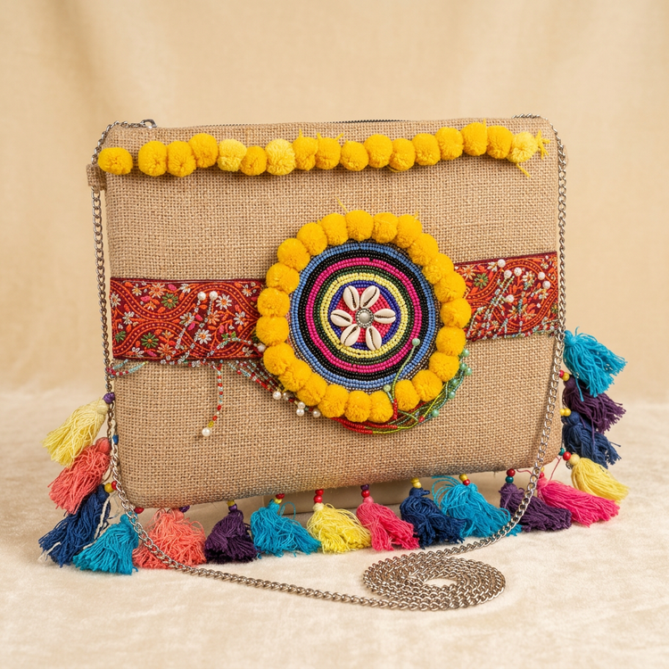 Yellow pom-pom and multicolour tassel boho clutch, AI-generated studio image