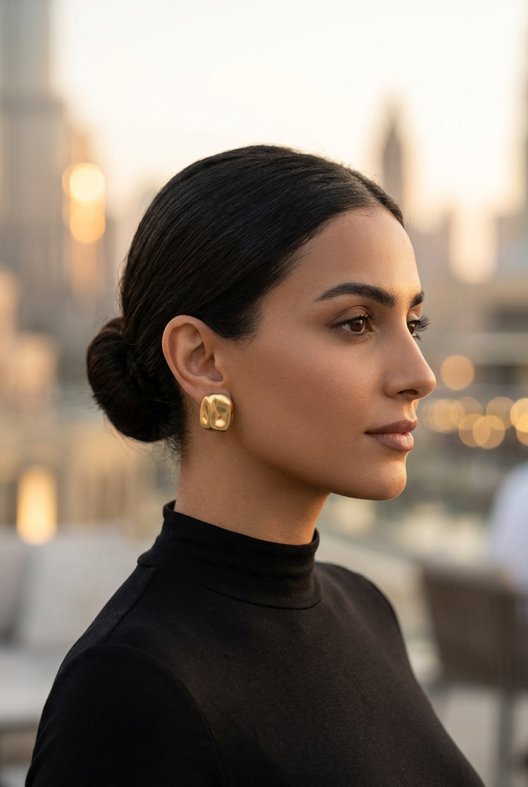 Sculpted brushed gold rounded-square stud earrings worn with a black high-neck top on a Dubai rooftop at golden hour