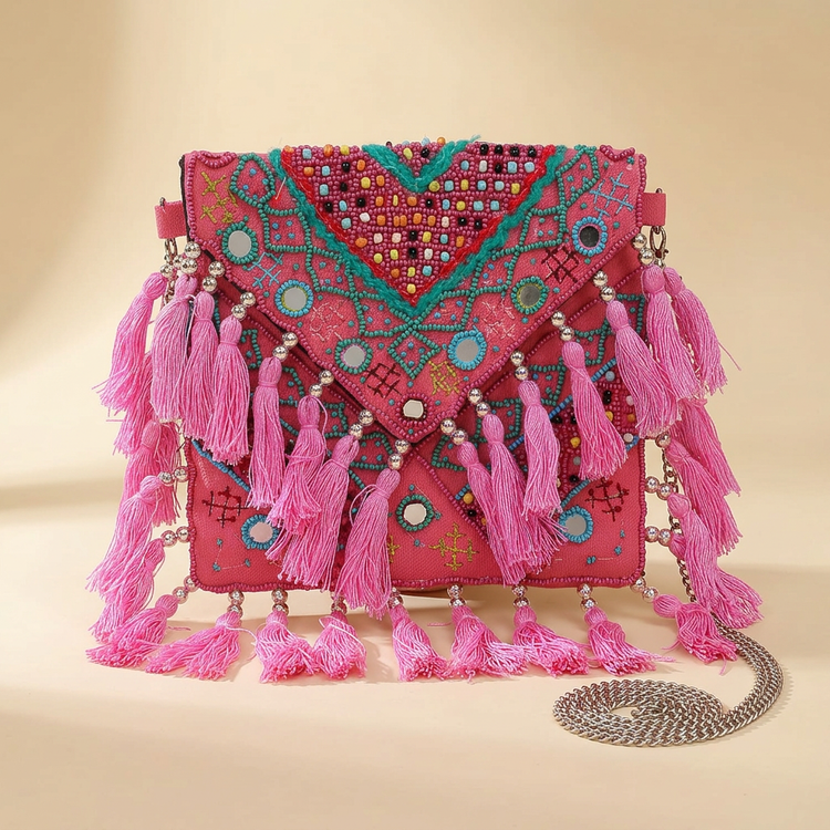 Rani pink mirror and tassel bag on a cream studio background