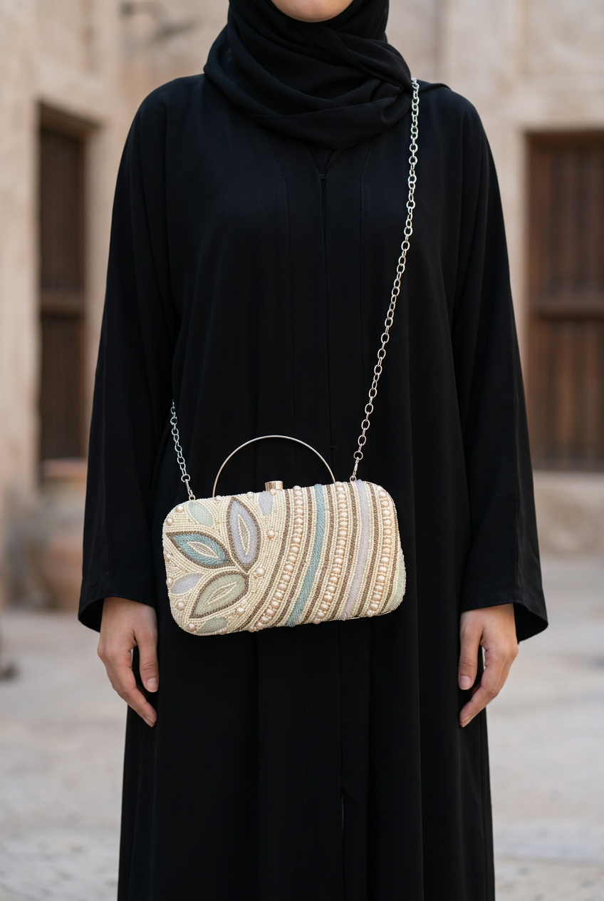 Pearl Botanica sling bag worn with black abaya