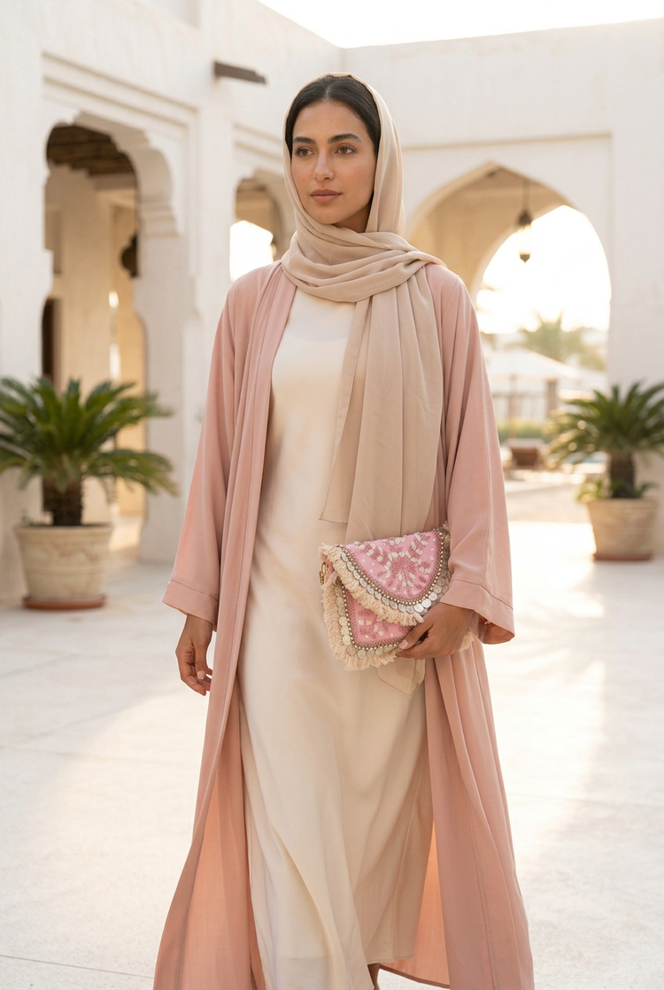 Pink coin fringe boho clutch held with a blush pink open abaya in a white courtyard