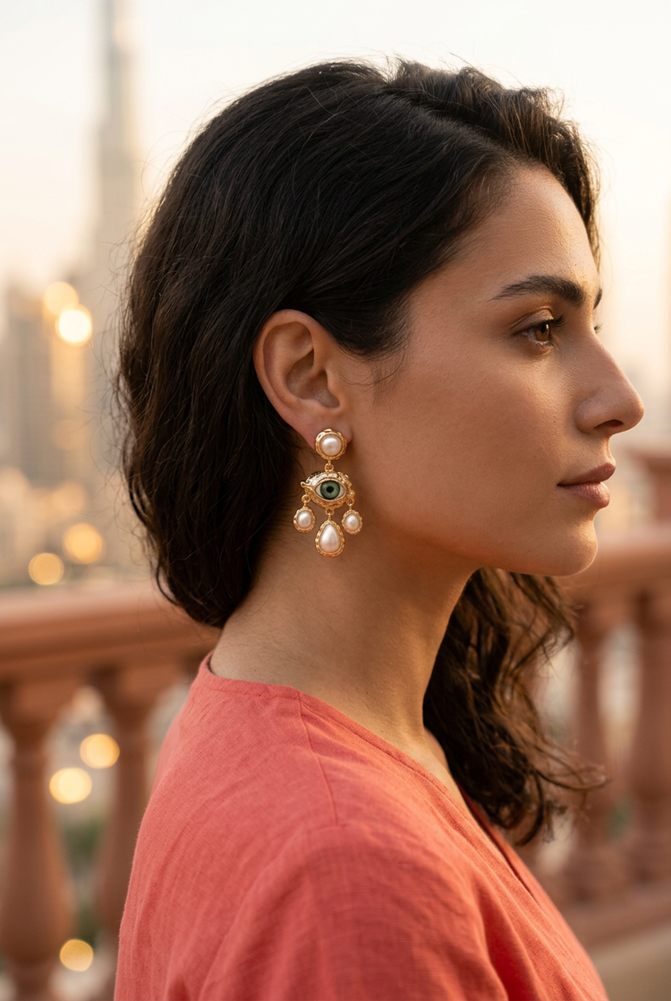 Woman on a Dubai terrace at golden hour wearing pearl eye gold drop earrings