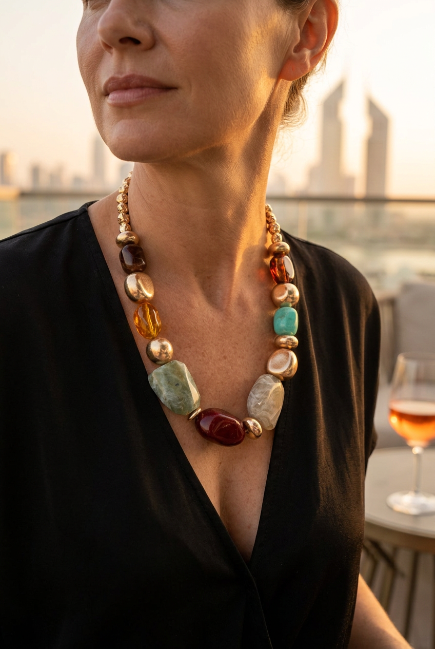 Multicolour bead and gold necklace worn with black on a terrace