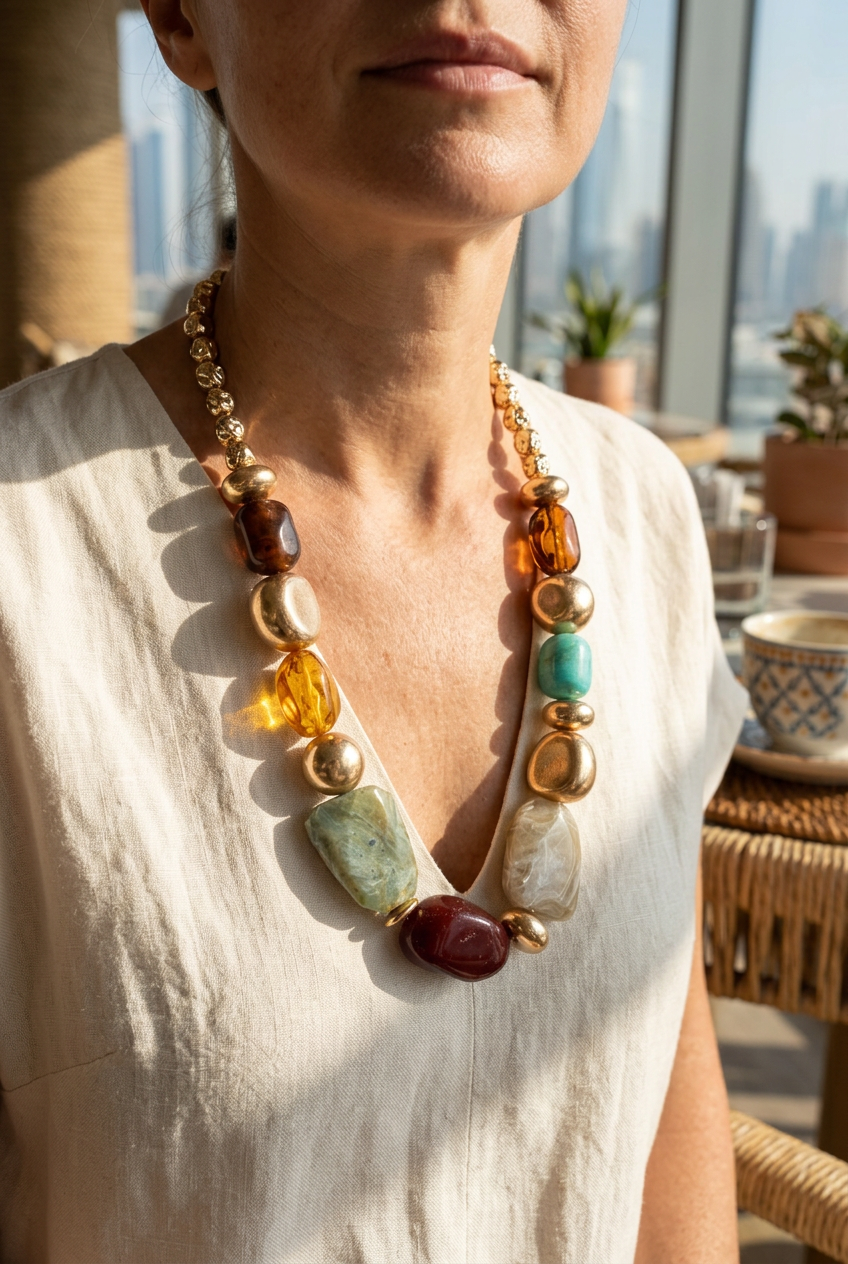 Multicolour bead necklace worn with cream linen at a café